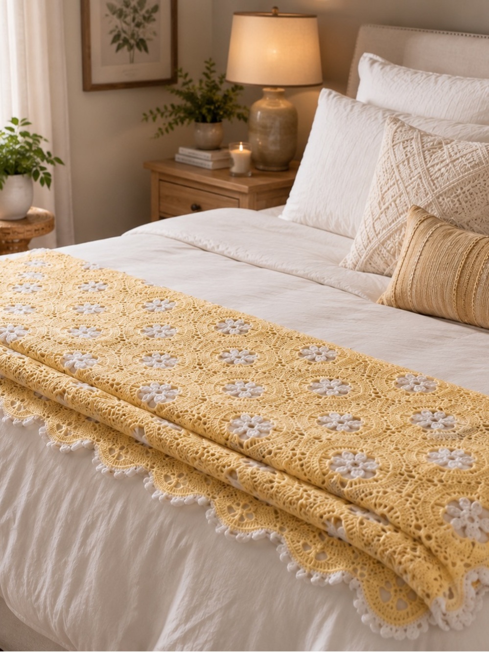 Handmade Yellow Crochet Bedspread Throw - Soft Floral Coverlet